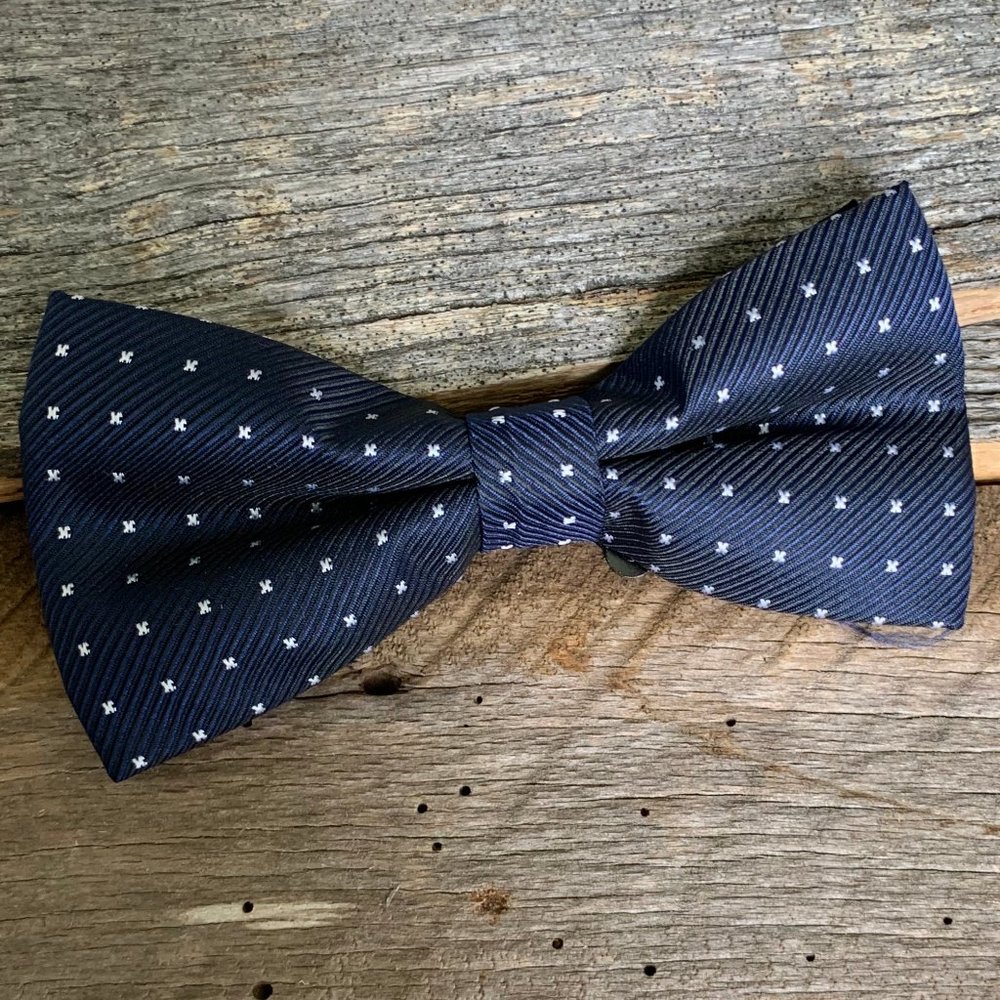 Navy Bowtie with Square White Polka Dots